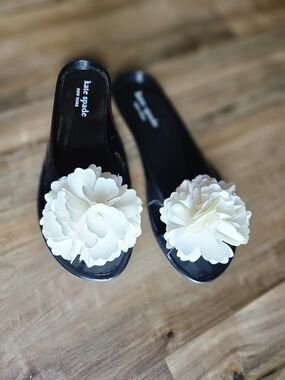 Kate Spade Black Jelly  Slide Sandals with White Floral Accent